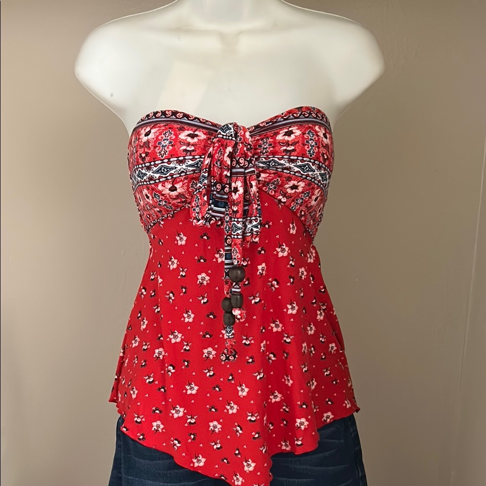 No Boundaries Red Asymmetrical Tie Front Bustier Top
